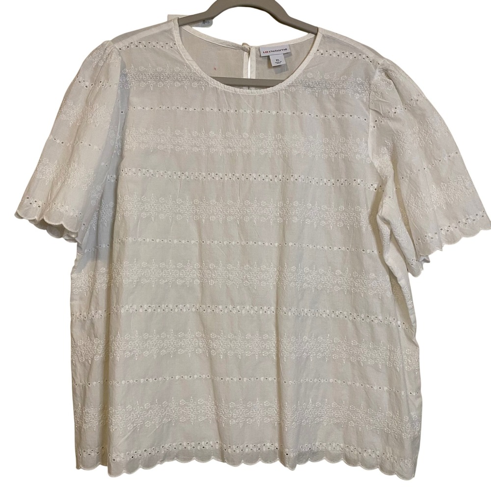 Liz Claiborne White Eyelet Blouse Short Sleeve Scallop Hem Embroidered Top XL